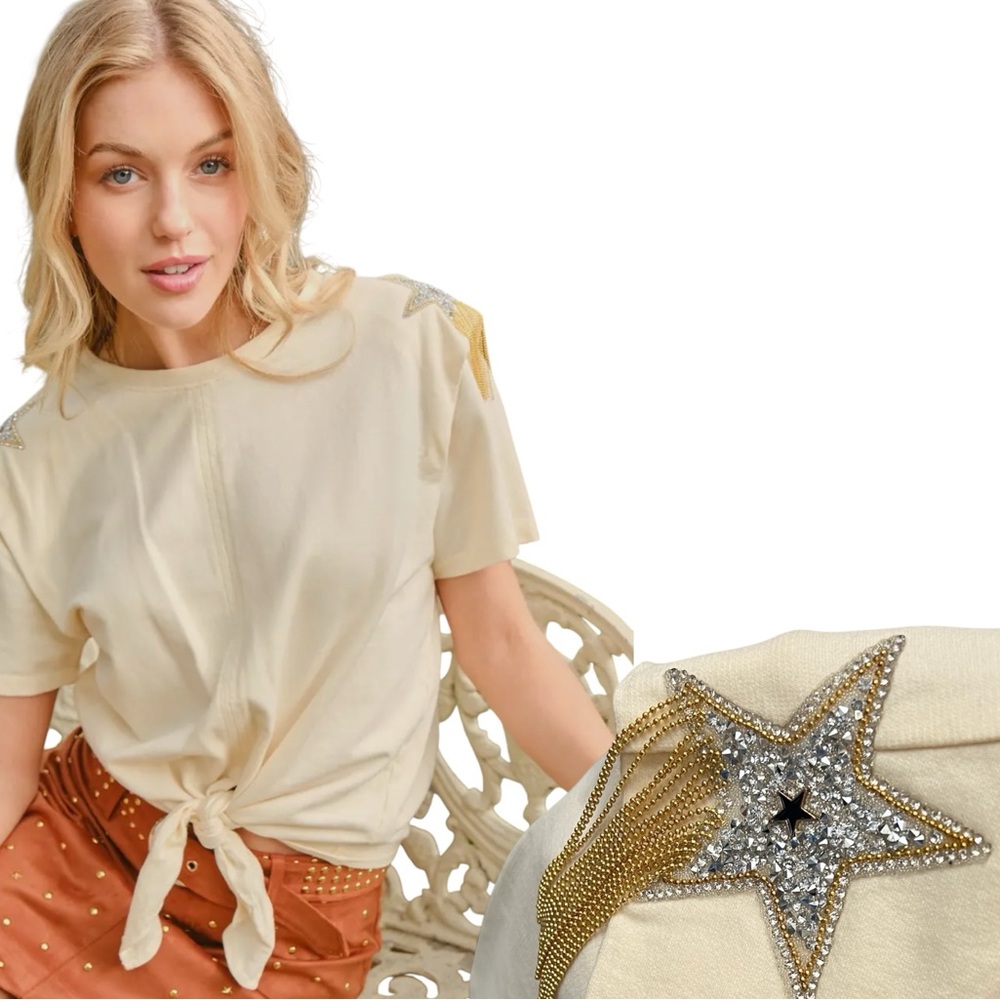 NEW blue b Cream Rhinestone Star Gold Fringe Fold In Stand Tee Tie Front T-shirt